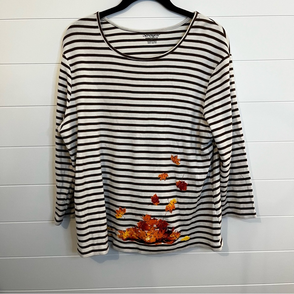 Serengeti Brown and White Striped Long Sleeve Top with Leaf Design